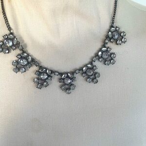 Rhinestone Flower Necklace Black Oxidized Metal Designer Style  18-21 in EUC